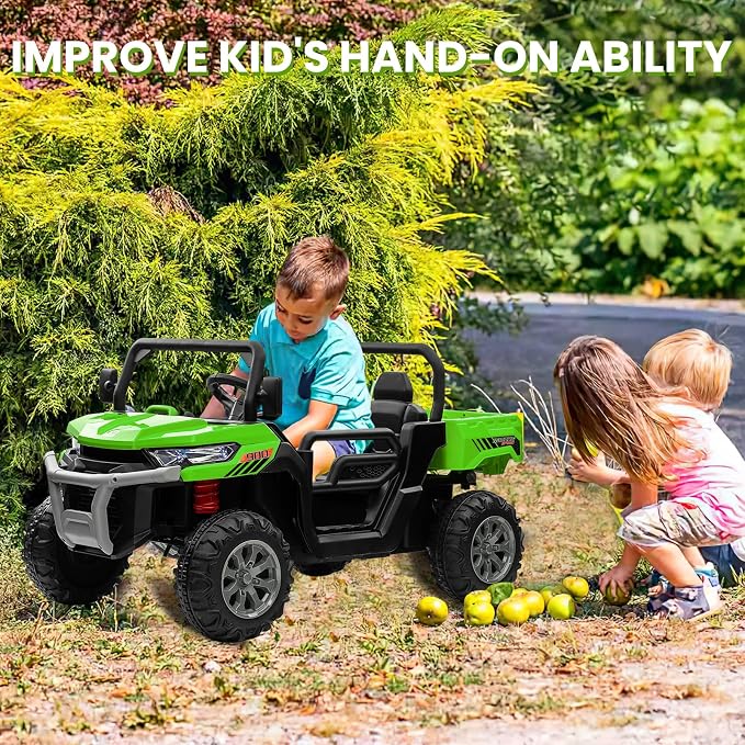 24V 4WD Ride on Truck Car w/4X200W Motor, Dump Bed, Gift Flower, 2 Seaters, Remote Control, 4 Wheeler, LED Light, Music, 24 Volt Ride on Toys for Big Kids Girls 3-8, Green