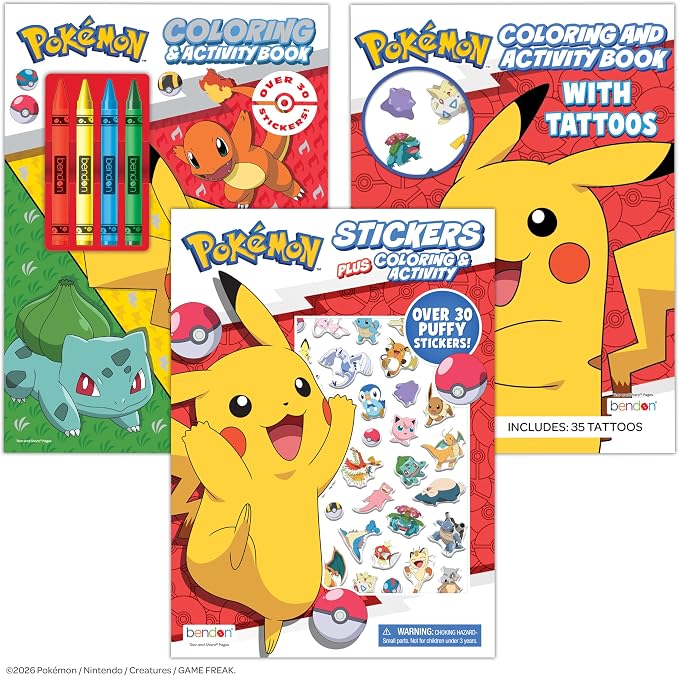 Pokémon Coloring Book Bundle for Kids - 3-Pack Activity Set with Coloring Books, Tattoos, Crayons, and Puffy Stickers, Ages 3+