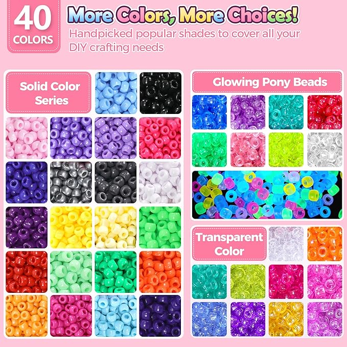 Redtwo 10000 Pcs Pony Beads for Bracelet Making Kit, 40 Colors Kandi Beads for Bracelets Jewelry Making, 6x9mm Hair Bead for Braids Key Chains DIY Crafts Gifts for Tween Girls