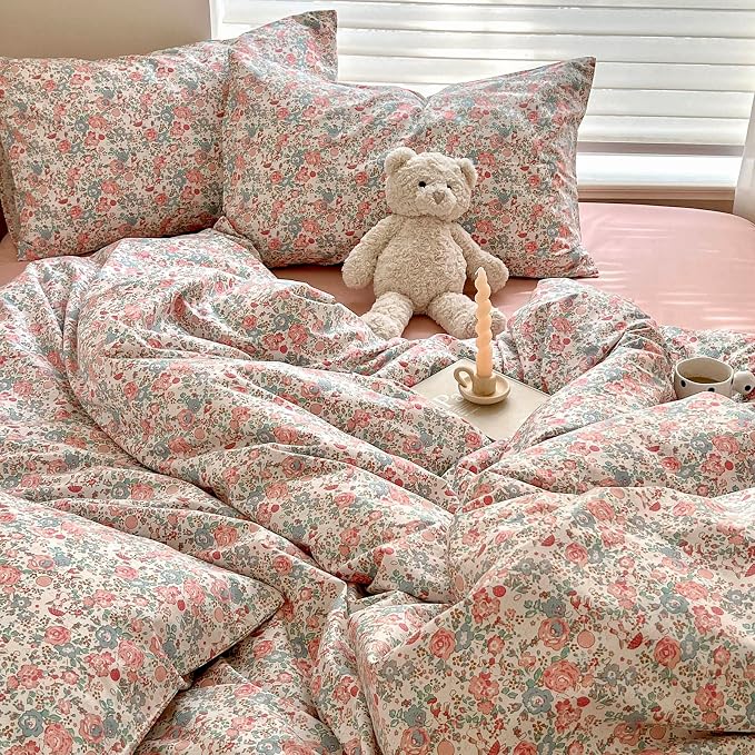 LifeTB Queen Size Comforter Set Boho Pink Floral Bedding Comforter with 2 Pillowcases Vintage Garden Style Boho Comforter for Queen Bed Cute Flower Bedding Fluffy Cottagecore Botanical Comforter Set
