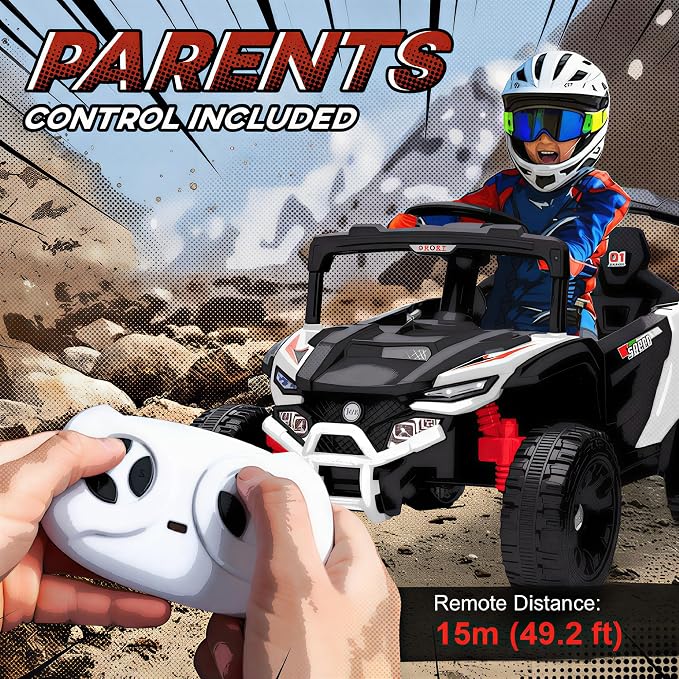 Qaba 12V Kids Ride On Car Truck, Battery Powered Electric UTV Vehicle with Rear Suspension, Remote Control, LED Lights, Music, Horn, Speed Up to 3.1 mph, for 3-5 Years Boys Girls, White
