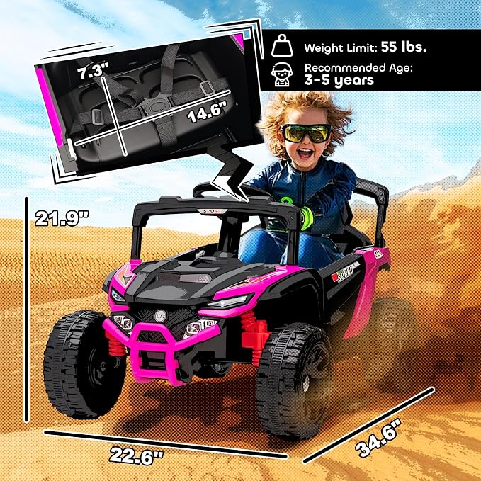 Qaba 12V Kids Ride On Car Truck, Battery Powered Electric UTV Vehicle with Rear Suspension, Remote Control, LED Lights, Music, Horn, Speed Up to 3.1 mph, for 3-5 Years Boys Girls, Pink