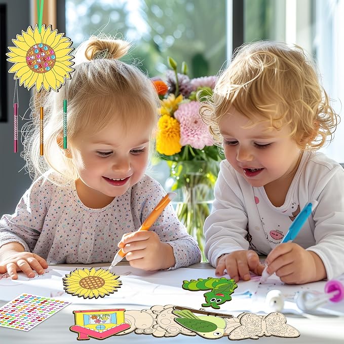 12 Pack Wind Chime Kit for Kids Make Your Own Wind Chime DIY Wood Arts and Crafts Decorative Coloring Wooden Hanging Ornaments for Girls Boys Home School Activity Party Supplies(Spring Flower Animal)