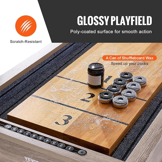 VEVOR Shuffleboard Table, 11.5 ft Shuffleboard for Family Game Rooms, 2 in 1 Shuffleboard and Bowling Combo Game Set, with Scratch-Resistant Playfield, Legs, 8 Pucks, Bowling Set, Wax, and Table Brush