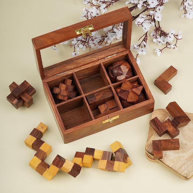 Ajuny Wooden Puzzles Box Set (6 Games) Brain Teaser for Teens & Adults, IQ Test Interlocking 3D Puzzles, Handcrafted Rustic Patio Decor, Unique Gift for Christmas and Birthdays
