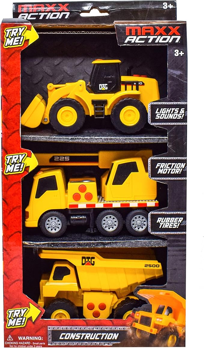 Sunny Days Entertainment Mini Construction Vehicles 3 Pack – Lights and Sounds Pull Back Toy Vehicle | Includes Dump Truck Front End Loader and Crane Truck – Maxx Action