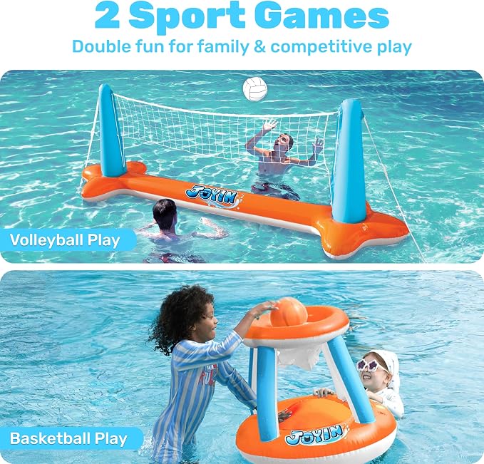 JOYIN Pool Toys Games Set-Inflatable Pool Float Set Volleyball Net & Basketball Hoops, 2 in1 Floating Swimming Game Toy, Volleyball Swimming Pool Game for Kids and Adults, Backyard Beach Summer Toys