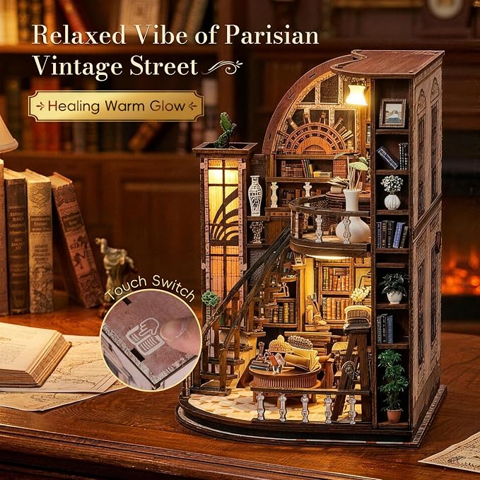 POP JOY DIY Book Nook Kit with Motion Sensor LED Light, Miniature Library Bookshelf Insert, 3D Wooden Puzzle Bookend Craft Kit Dollhouse for Adults Teens, Creative Gift for Book Lovers DIY Enthusiasts