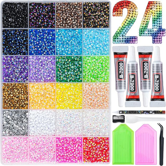 30000 Pcs Resin Jelly Rhinestones Kit, Multicolor 4mm Flatback Rhinestones with 4 Pcs B7000 Jewelry Glue & Tools, All-in-One Bedazzling Kit for DIY Arts & Crafts Gifts