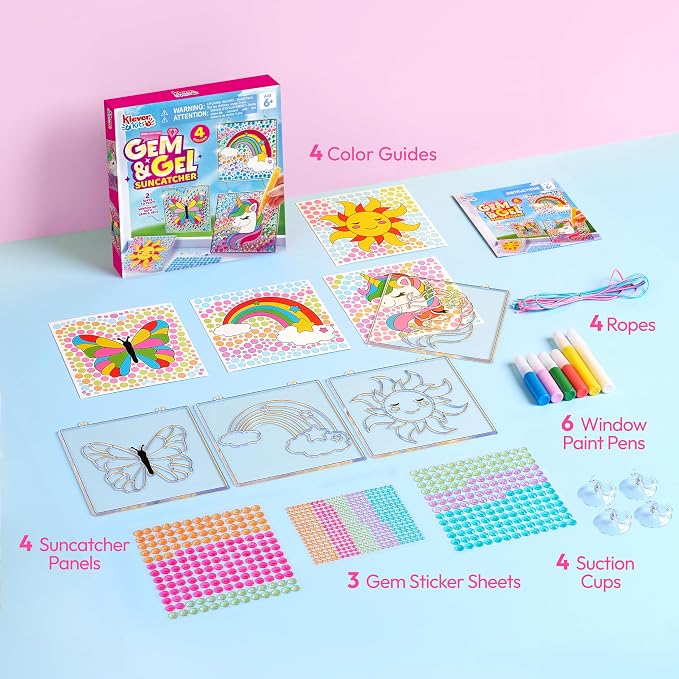 Klever Kits 4PCS Window Art, 2-in-1 Gems and Gels Suncatcher, 2 Ways to Play Diamond and Gels, Arts & Crafts Toys for Boys Girls, Christmas Birthday Gifts for Kids Age 6 and Up