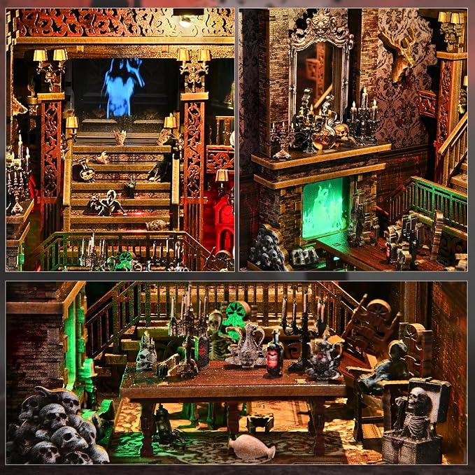 Creepy Book Nook Kit, DIY Miniature Dollhouse Halloween 3D Puzzle,Horror Scary 3D Wooden Puzzle Bookend Bookshelf Insert Decor with LED Light,Bloody Hotel