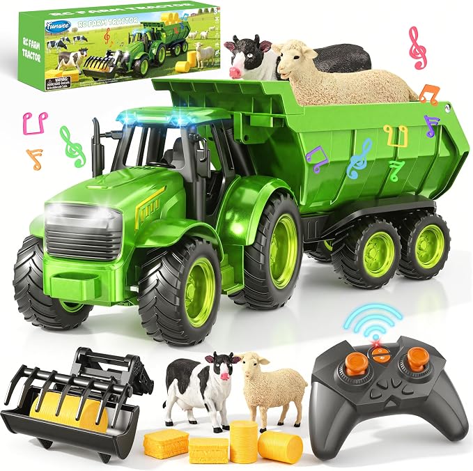Funwee RC Farm Tractor Toy w/Light & Music, Kids Trailer Toy w/Front Loader & Farm Animal, 2.4GHz RC Tractor Truck Car for Boys & Girls, Toddler Vehicle Playset Age 3-8+ Year Old Gifts (Green)