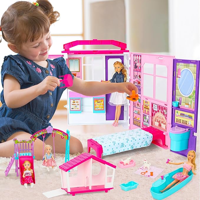 Style Shine Doll House Portable & Foldable Dollhouse w/ 60+ Pcs & 2 Dolls, Play House Toy with Bedroom Bathroom Kitchen Furniture Playset, Playhouse Gift for Girl Kid Toddler