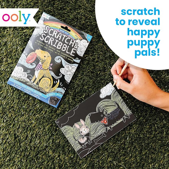 Ooly Mini Scratch & Scribble Art Kit - 6 Card Rainbow Scratch Art Set Gifts for Kids, Travel-Friendly Craft Kit, Scratching Tool Included - Playful Pups