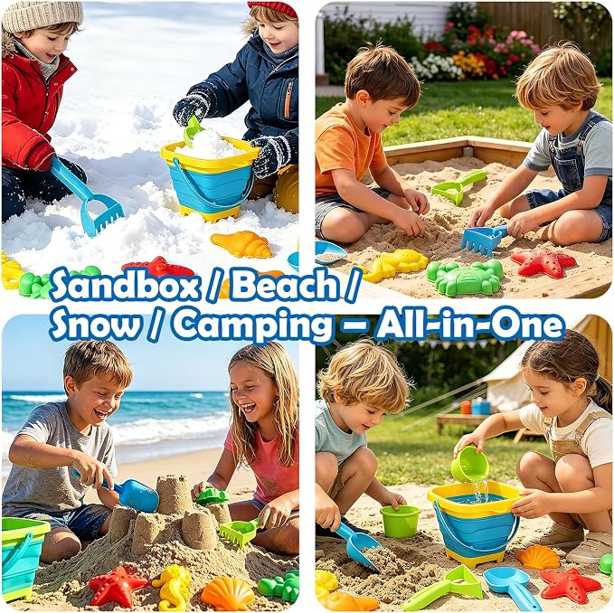 VGY Space-Saving Beach Toys for Kids,2 Collapsible Sand Buckets with Shovels,Rakes,Molds & Mesh Beach Bag,Portable Travel Sandbox Toys for Toddlers Ages 3-10