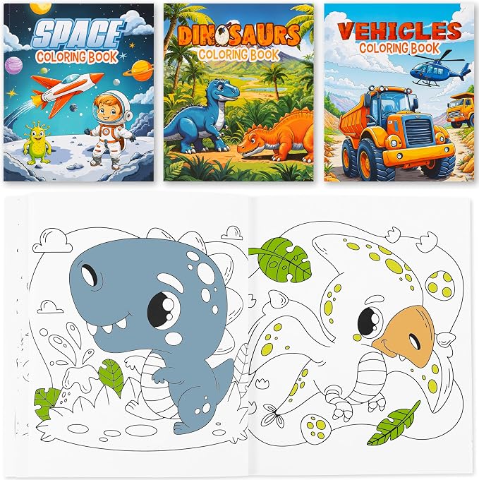 ZICOTO Fun Coloring Books for Kids Set of 3 - Exciting Dinosaur, Space & Trucks Coloring Book for Boys Ages 4-8 - Easy to Color Gift for Travel with Cute Themes for Your Creative Little Toddler 1-3