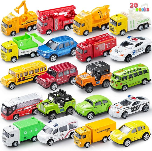 JOYIN 20PCS Die Cast Pull Back Cars, Metal Toy Cars, Car Toys Bulk, Vehicle Set for Toddlers, Kids Party Favors, Cake Toppers, Stocking Stuffers, Race Cars Toys for Boys
