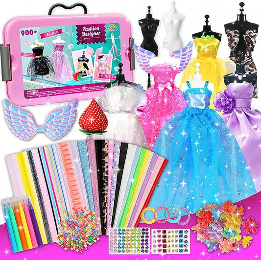 AGENTLAN Fashion Designer Kit, 900+ Dress Making Kit, DIY Craft Kit | Fashion design studio, sewing & no-sew, DIY fashion play with storage bin, gift for girls ages 6-12
