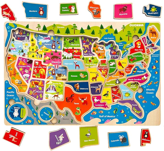 QUOKKA Puzzles for Kids Ages 4-6 - 3 Set Toddler Wooden Puzzles for Kids Ages 3-5- Learning United States Toys for Childrens 6-8 - Educational Toys for 3 Year Old Boys and Girls - Award Winning
