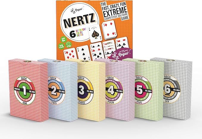 Regal Games Nertz Card Game for Kids & Adults - Decks of Cards 6 Pack - 6 Color Wide-Size Decks & Fun Playing Cards - Deck of Playing Cards for Poker, Solitaire, Blackjack & More