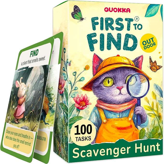 QUOKKA Scavenger Hunt Game for Kids Ages 4–8 – Outdoor Adventure Card Set with 100 Creative Tasks for Camping, Backyard Play & Summer Activities