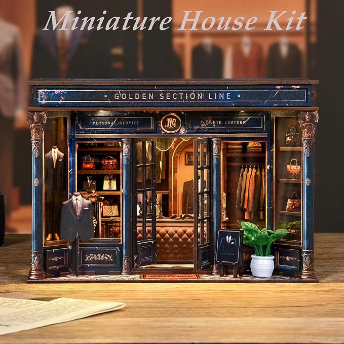 ISSEVE Book Nook Kits for Adults, DIY Booknook Kit Miniature Dollhouse Book Nooks, 3D Wooden Puzzle Model Building Creative Bookshelf Home Decoration Adult Crafts Kits Gift (Golden Section Line)