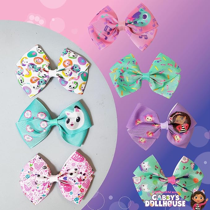 Gabby's Dollhouse Hair Bows - Hair Accessories Gift Set - 7 Pcs 4 Inch Bundle for Girls Different Character on each Hair Clip Kids Bow - Alligator Clip - Ages 3 +