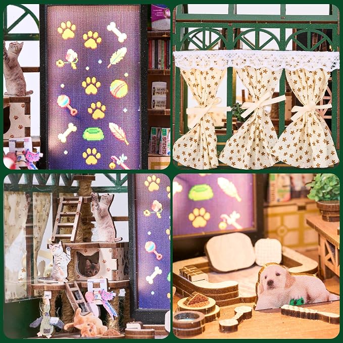 DIY Miniature Dollhouse Kit,3D Wooden Puzzles for Adults to Build, Birthday/Christmas Day Gift for Pet Lovers,Mini Furbabies‘ House with LED Lights,Pet Paradise