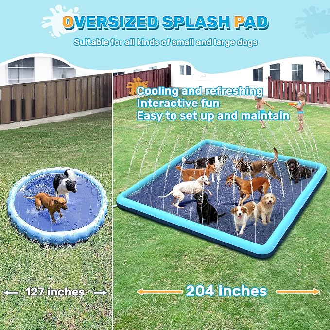 204" Gaint Splash Pad for Dogs, Non-Slip, Rantangle Splash Pad for Kids Ages 4-8,Giant Splash Pads for Toddlers 1-3, Dog Sprinkler Shallow Pool, Outdoor Water Toys for Backyard, Teal