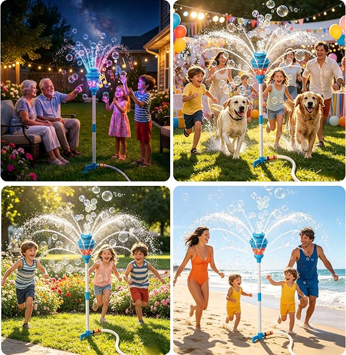 2 in 1 Water Sprinkler & Bubble Machine for Kids, Automatic Outdoor Toy with Lights & Sounds, 2 Bottles & 10 Refill Packs Bubble Solution, Summer Backyard Yard Play Toy, Blue, Battery Not Included