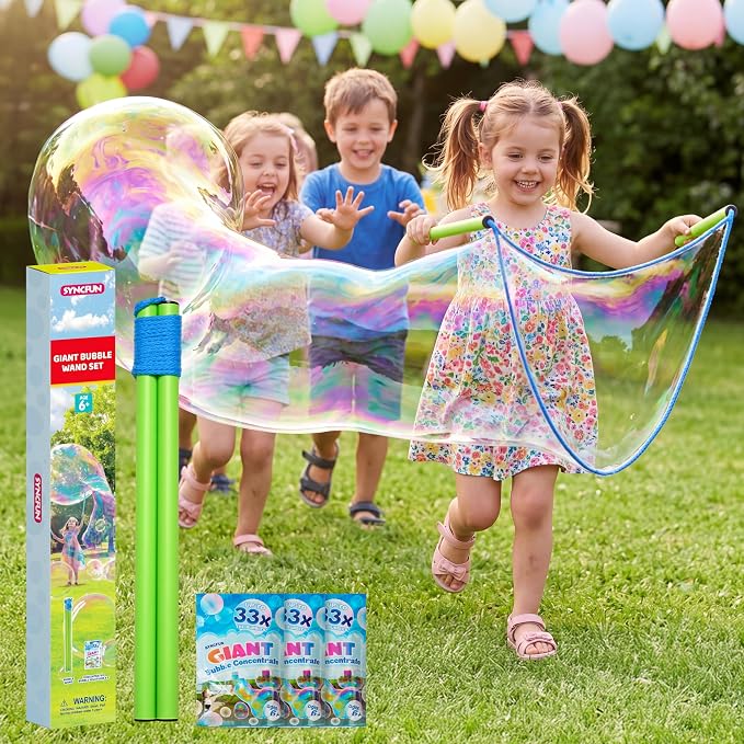 SYNCFUN 4 Pcs Giant Bubble Wand, 1 Big Bubble Wand Set with 3 Packs 33X Super Concentrate Solution, Giant Bubbles Maker for Kids Summer Outdoor Toy Game Activity Birthday Party Favors