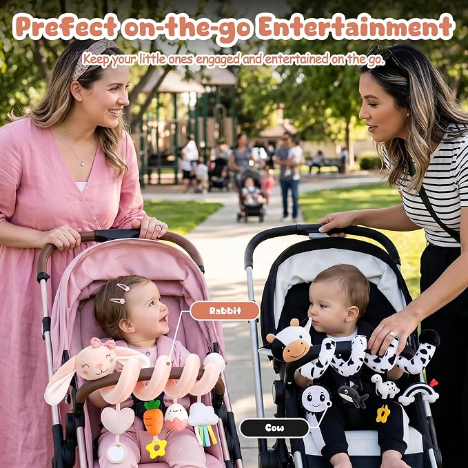 Stuffed Pink Bunny Spiral Car Seat Toys for Babies 0-6 Months, Infant Stroller Toy with Plush Carrot & Star Teether Hanging, Baby Registry Search & Shower Gifts for Newborn Girls