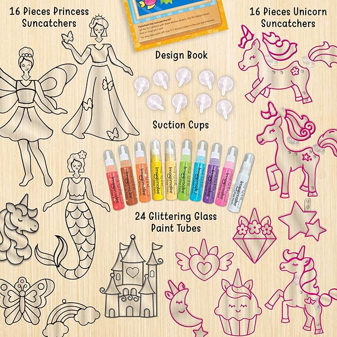 Imagimake Window Art Princess & Unicorn | Mermaid Suncatcher Kit | 32 Pieces Glass Painting Set | Kids Activities Ages 5-8 | DIY Craft Kit | Birthday Gift for Girls Ages 5,6,7,8,9,10,12 Years Old