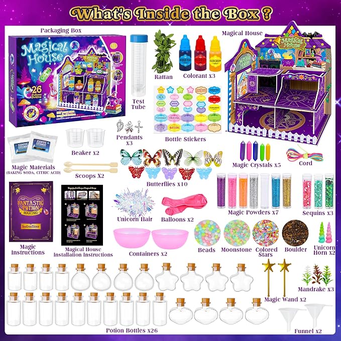 Fairy Magic Potions Kit for Kids, with Magical House, 26 DIY Mixed Magic Wizard Potion Bottles, Mystery Potions Craft Kit, Christmas Decorations Birthday Gifts for Age 6 7 8 9 10+ Year Old Girls Boys