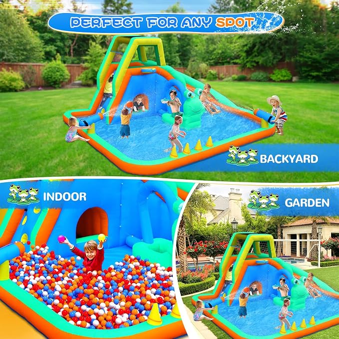 Bonnlo Inflatable Water Slide, Frog Design 8-in-1 Kids Water Park, with Climbing Wall, Blower Included, Backyard Summer Toy for Ages 3-8, Blue & Green