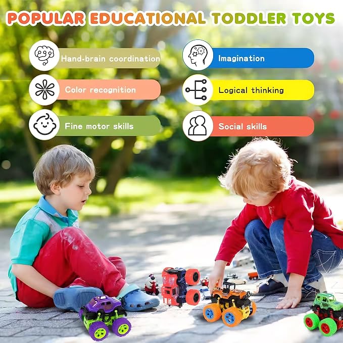 Monster Truck for Boys 3 4 5 6 7 Year Old,4 Pack Push and Go Friction Powered Car Toys, Double-Directions Inertia Pull Back Vehicle Set,Birthday Party Gift for Kids