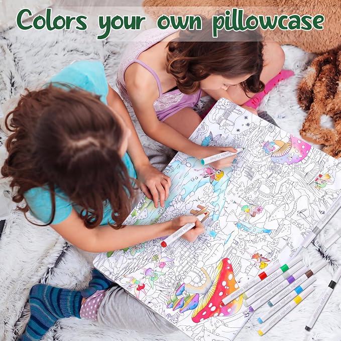 Mindsoft Coloring Pillowcase with 12 Pcs Markers Color Your Own Pillowcase Kit for Coloring Craft Decoration Supplies, 28.7 x 19.7 Inch (Mushroom Elf)