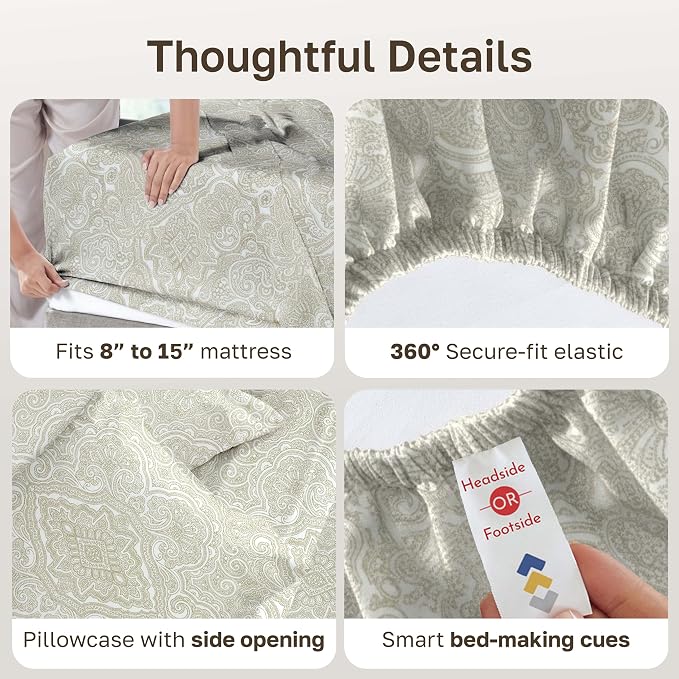 California Design Den Soft 100% Cotton Sheets Twin Size Set, 400 Thread Count Good Housekeeping Award Winner, Smooth Sateen Finish, Cozy and Durable Cotton Bedding Set - Paisley Beige