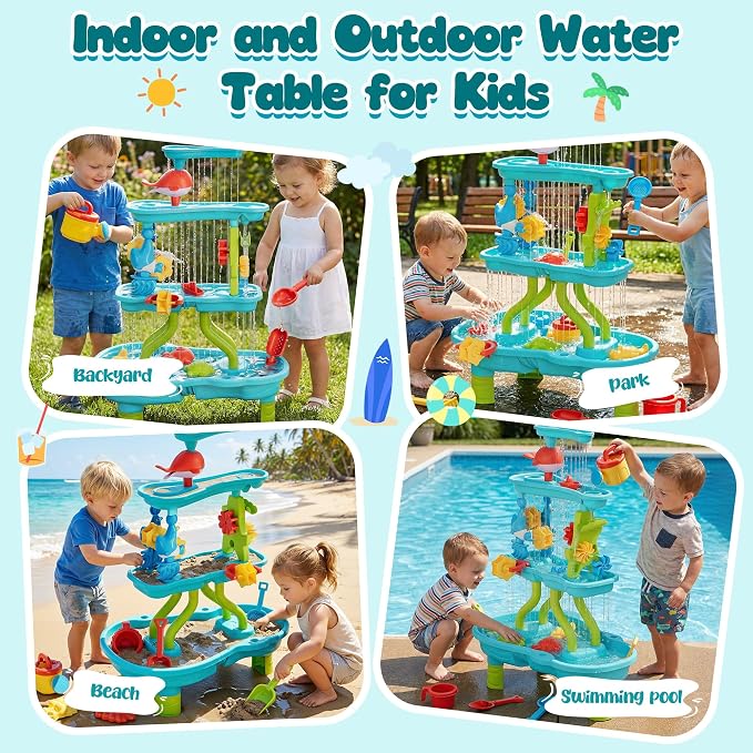4 -Tier Kids Sand and Water Table for Toddlers - Outdoor Water Sand Play Table Toys for Boys Girls, Summer Splash Activity Sensory Table Party Birthday Gift for Kids 3-5 6-12