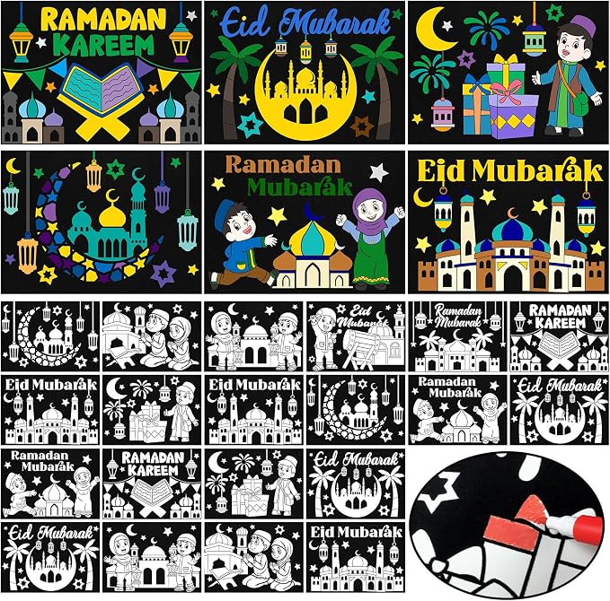 Cinrobiye 48 Pcs Ramadan Coloring Posters Eid Mubarak Velvet Fuzzy Coloring Pages Bulk Islamic Craft Activity Classroom School Party Supplies