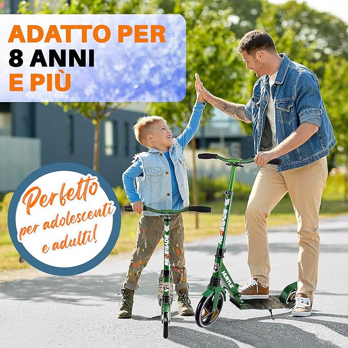 Hurtle Renegade Kick Scooter for Kids, Teenagers & Adults - 2-Wheel Folding Scooter with Adjustable T-Bar Handlebar - Alloy Anti-Slip Deck