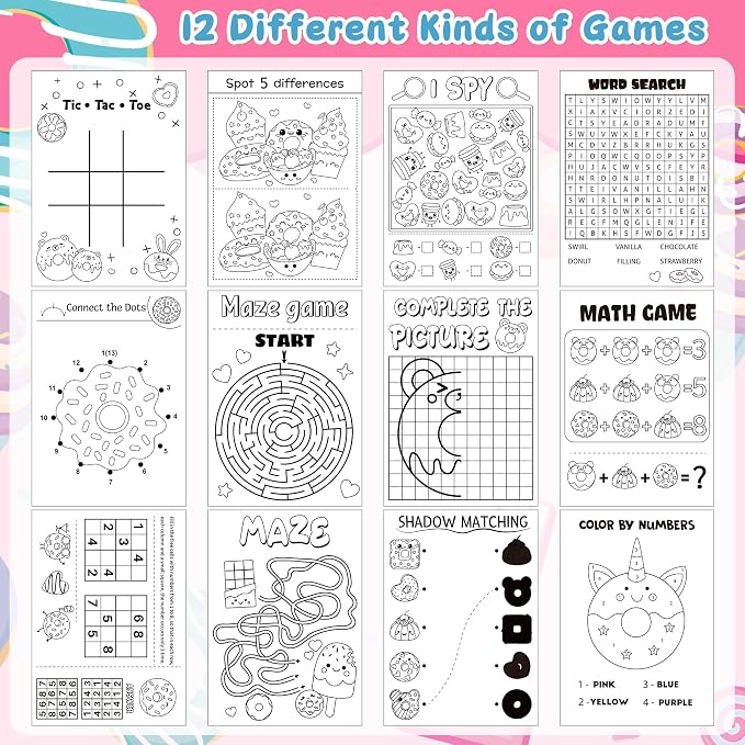 Donut Activity Books for Kids - 48Pcs Cute Doughnut Mini Game Coloring Booklet Bulk Maze Word Scramble Word Search Games for Birthday School DIY Activity Supplies Classroom Reward Goodies Bag Stuffer