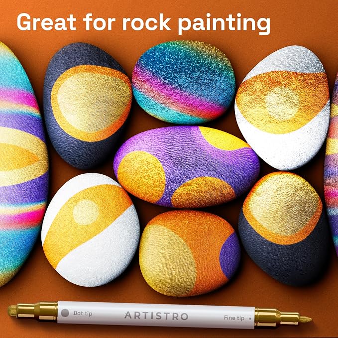 ARTISTRO 12 Metallic Dual-Tip Acrylic Paint Markers – Paint Pens Set with Dot & Fine Tips for Fabric, Rock, Glass, Wood, Coloring Books – Arts & Crafts Gift – Classroom Must Haves & School Supplies