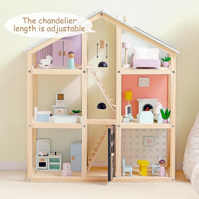 Pillowhale Wooden Dollhouse for Girls Age 3+ | 3-Story Doll House with 38 PCS Furniture, Movable Stairs & Adjustable Lights, Modern DIY Dollhouse Birthday Gift for Kids