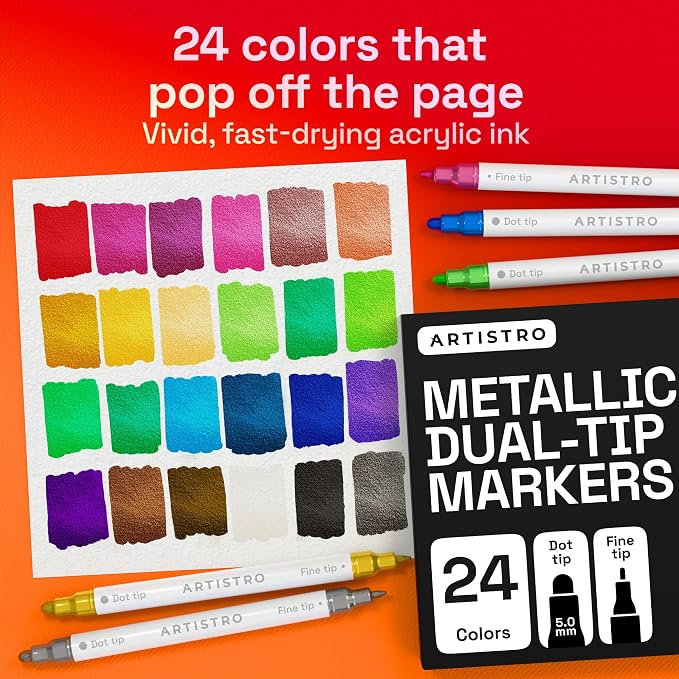 ARTISTRO 24 Metallic Dual-Tip Acrylic Paint Markers – Paint Pens Set with Dot & Fine Tips for Fabric, Rock, Glass, Wood, Coloring Books – Arts & Crafts Gift – Classroom Must Haves & School Supplies