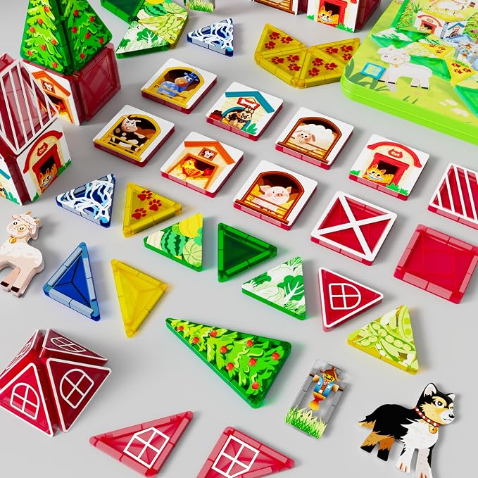 48pcs Mini Magnetic Tiles – Farm Animal Building Blocks Set in Iron Box, Portable STEM Travel Toys for Toddlers, Quiet On-the-Go Activities & Preschool Learning for Kids