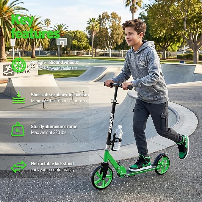 Scooter for Kids Ages 6+, Teens & Adults, Max Load 240 LBS, Foldable Kick Scooter with 8-inch Big Wheels, Kickstand, 3 Adjustable Levels, Rear Brake,