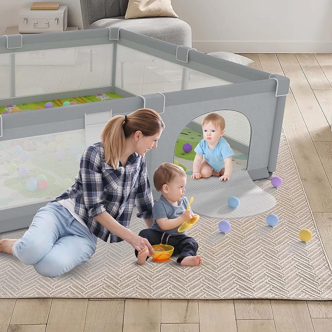 Baby Playpen 79" X 71", LUTIKIANG Play Yard for Babies and Toddlers with Mat, Safety Extra Large Baby Fence Area, Indoor & Outdoor Kids Activity Play Center with Anti-Slip Suckers and Zipper Gate.