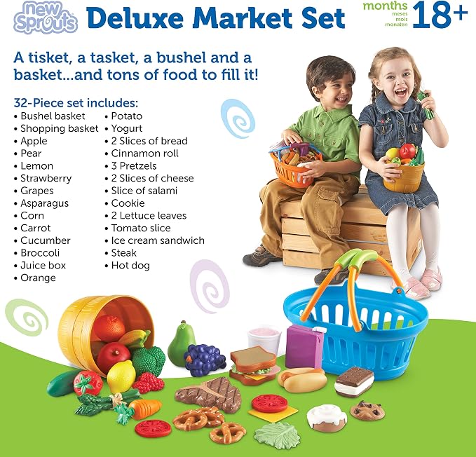 Learning Resources New Sprouts Deluxe Market Set - Pretend Play Kitchen, Fruit Basket, Toddler Outdoor Play Food Toys, Kids Playset, Shopping Basket, Fine Motor Skills, Montessori Sensory Cooking