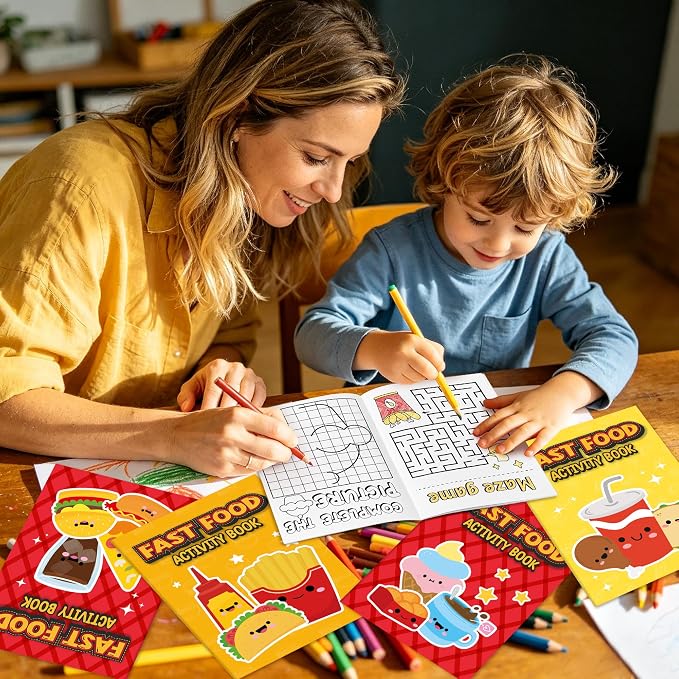 Dvbonike 24Pcs Fast Food Activity Books - Fast Food Mini Fun Games Coloring Book Bulk with Burger Fried Chicken Fries Popcorn Party Favors Goodie Bag Stuffers Classroom Rewards Supplies